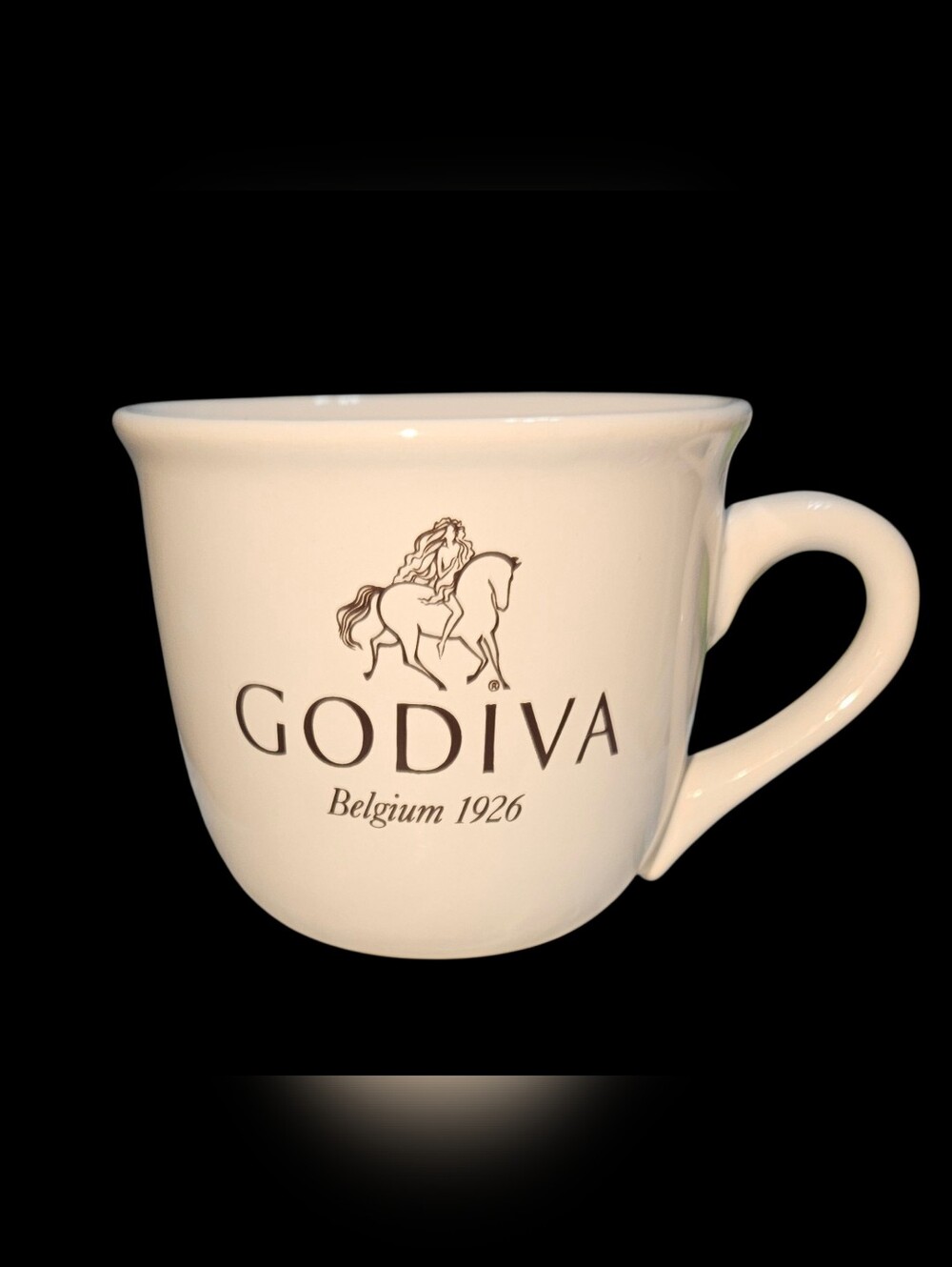 GODIVA Belgium 1926~  White Coffee Cup Soup Mug with Lady Godival & Horse 20 oz.
